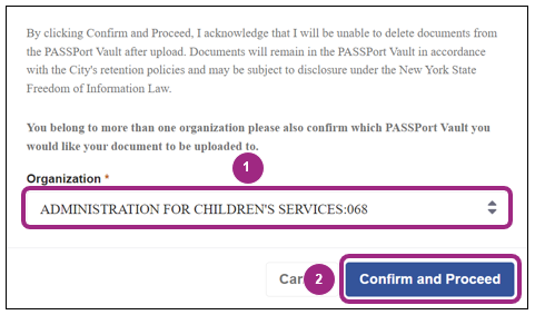 A confirmation pop-up message asks users to acknowledge they understand  that documents cannot be deleted from the Vault after upload in accordance with the City's retention policies.