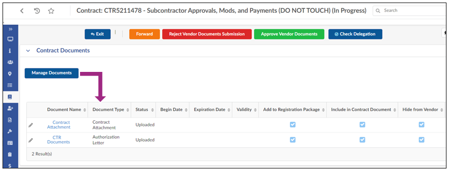 Under the Manage Documents button, the uploaded documents appear in a table.