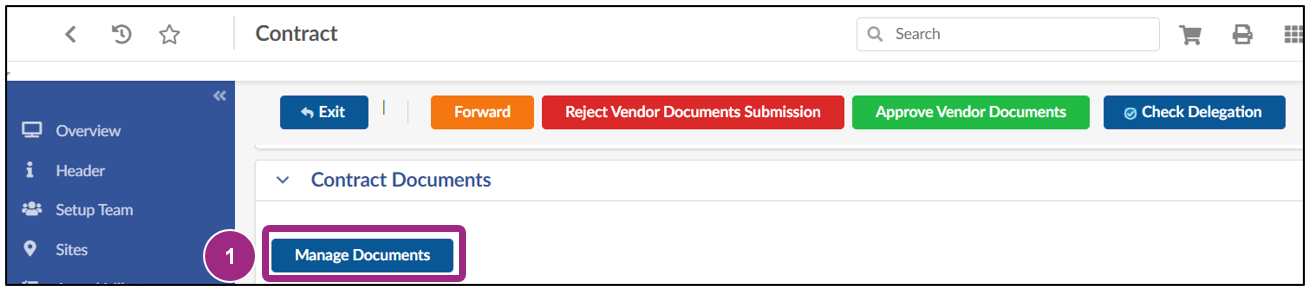 The Manage Documents button in the Contract Documents section of a contract.