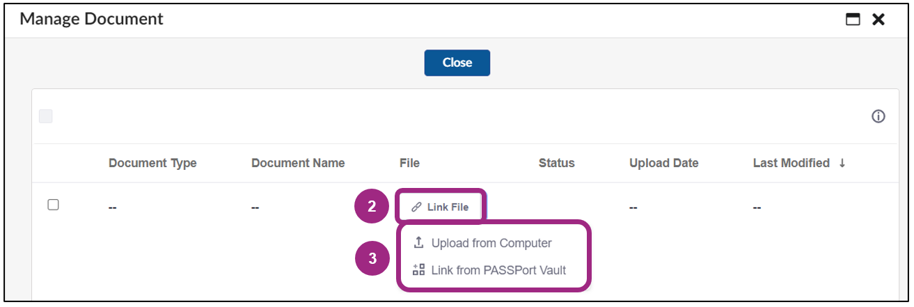 The Manage Document window. Options to upload or link a document are visible.