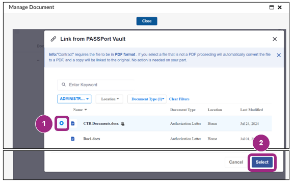 The Link from PASSPort Vault window. The Document Type filter is applied and two documents display in the table.