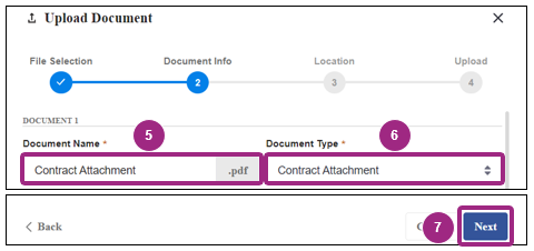 The Upload Document window at the Document Information step.