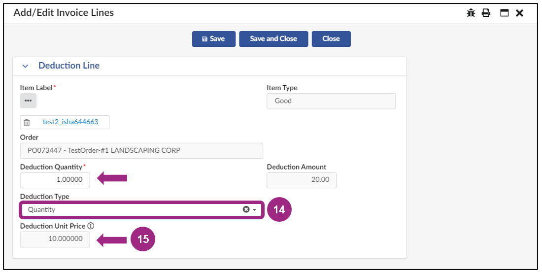 The Deduction Line section contains information such as the Item Label, Item Type, PO ID, Deduction Type, etc.