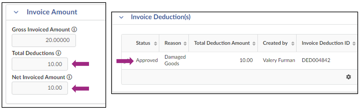 The Invoice Dedeuction displays an Approved status.