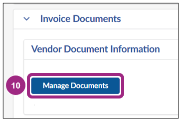 The Manage Documents button is visible under the headline 'Vendor Documents' within Invoice Documents section.