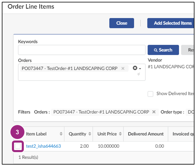 The order line items table containing one line item.