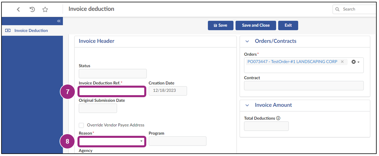 The Invoice Header contains information such as the Creation Date, Submission Date, Reason for the deduction, associated PO ID, and more.