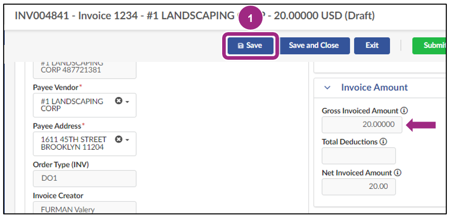 The Invoice Amount section is visible on the right side of the invoice page.