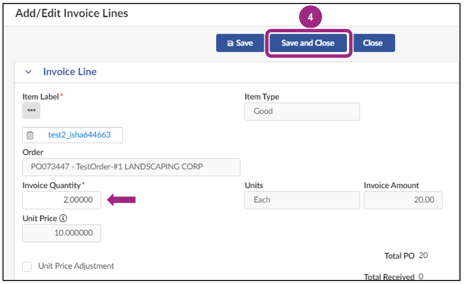 The Invoice Line section houses information such as the item label, item type, associated PO ID, etc.