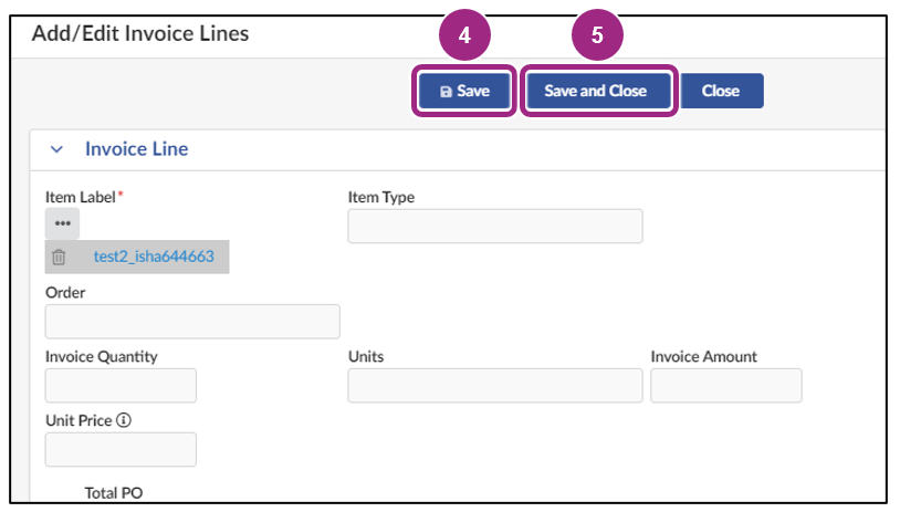 The Invoice Line section houses information such as the item label, item type, associated PO ID, etc.