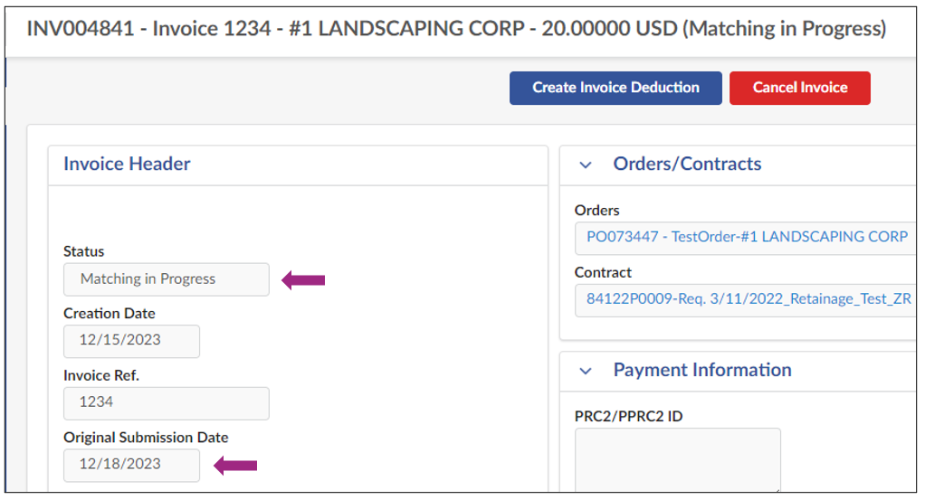 The Invoice Header displays the status Matching in Progress.