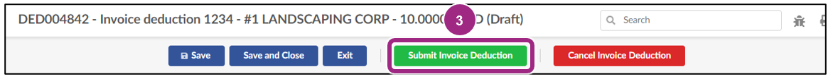 The Submit Invoice Deduction button near the top of the page.