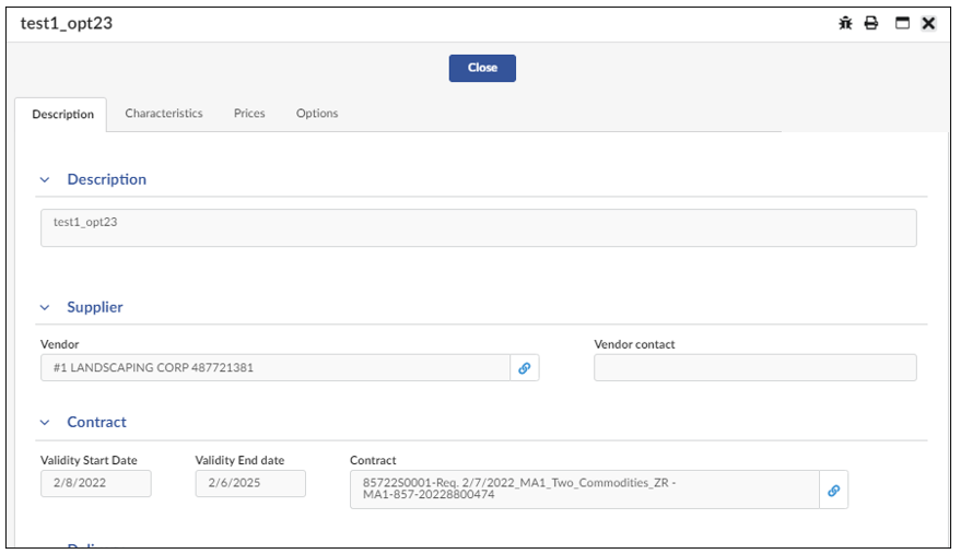 A new window displays an item's product information including the description, characteristics, and prices.