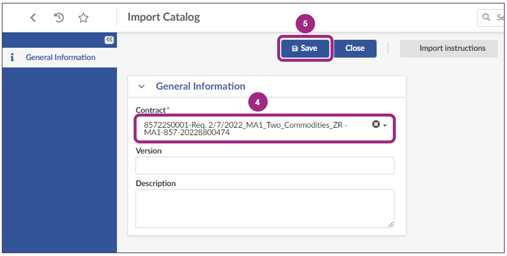 The General Information section of the Import Catalog page lists one requirements contact.