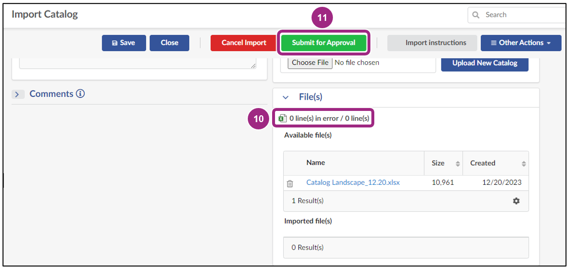 One excel file is listed in the File(s) table. No errors appear above the table.