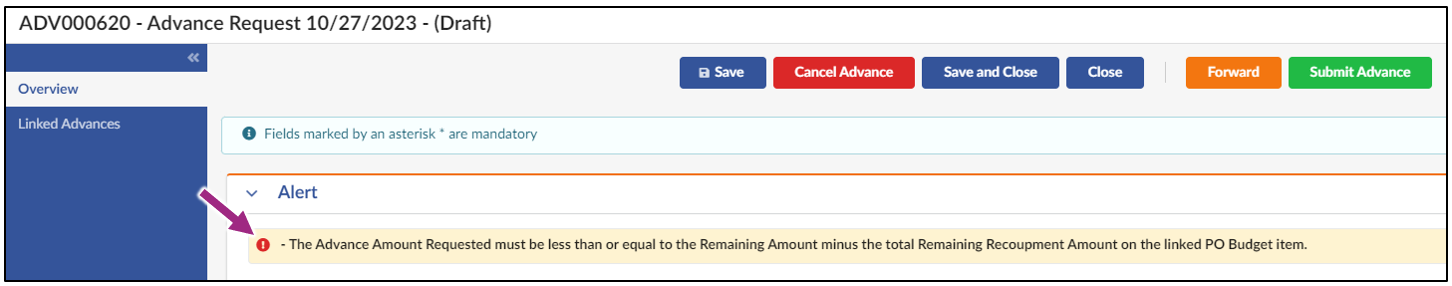 A blocking alert is visible within the Alert section
