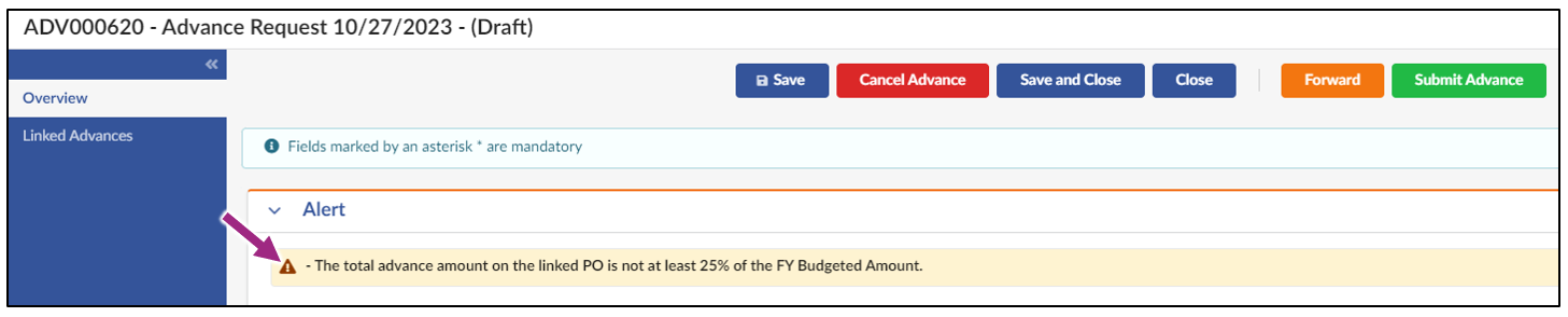 An caution alert is visible within the Alert section