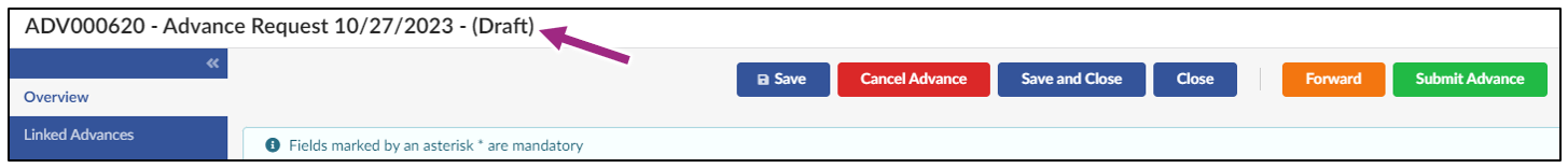 The Advance Request window displaying a Draft status.
