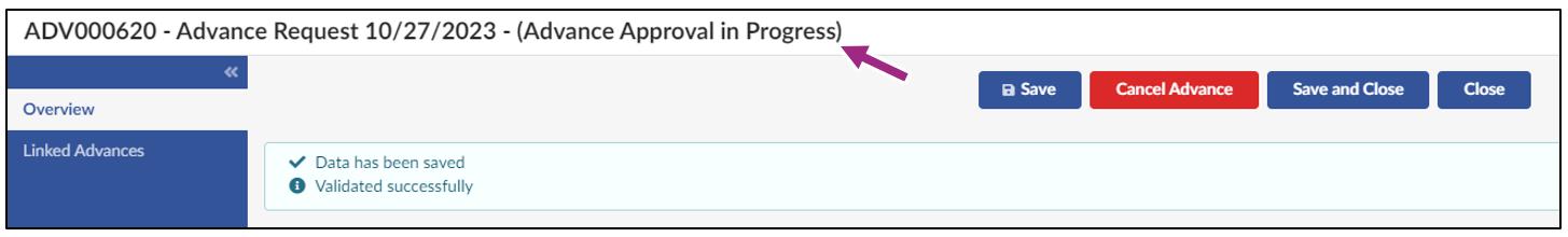 The Advance Request window.