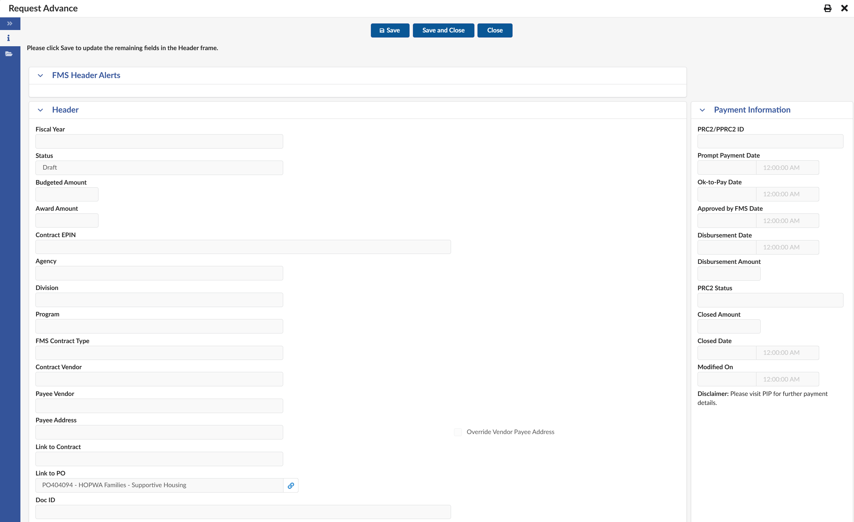 The Advance Header section of the Request Advance page.