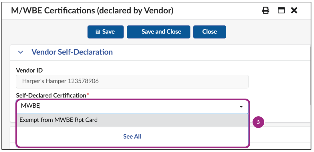 The Self-Declare Certification drop-down menu within the Vendor Self-Declaration section of the M/WBE Certifications window.