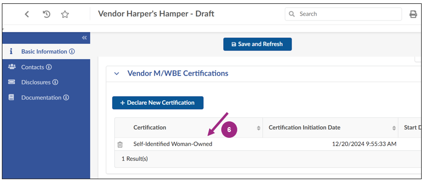The Self-Identified Woman-Owned certification appears in a table within the Vendor M/WBE Certifications section of the Basic Information tab.