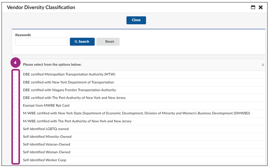 The Vendor Diversity Classification window displaying 12 certification options.