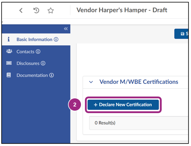 The + Declare New Certification button visible within the Vendor M/WBE Certifications section at the bottom of the Basic Information section of the Vendor Profile.