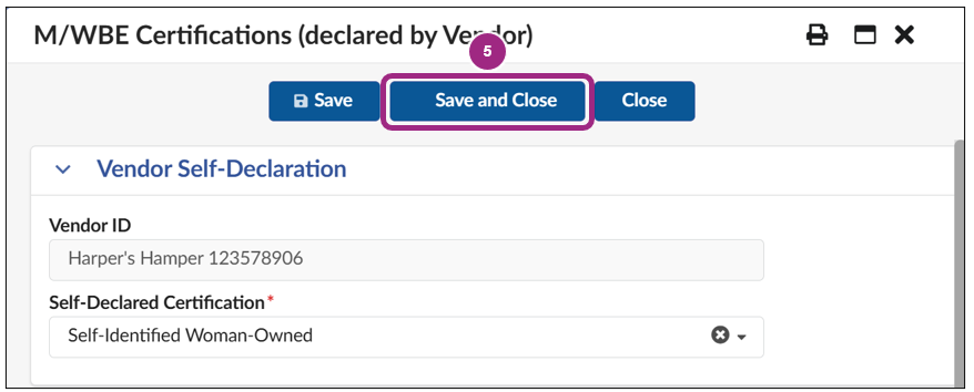 Self-Identified Woman-Owned is selected within the Self-Declared Certification drop-down field of the M/WBE Certifications window.