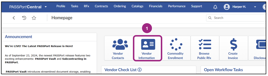 The Vendor Information widget visible in the top center of the PASSPort Homepage.