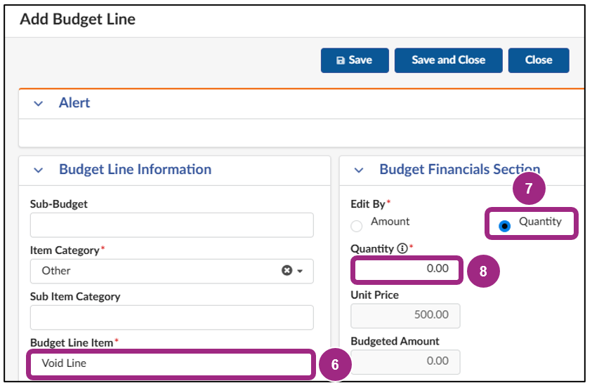 The Save and Close button at the top of the Add Budget Line window.