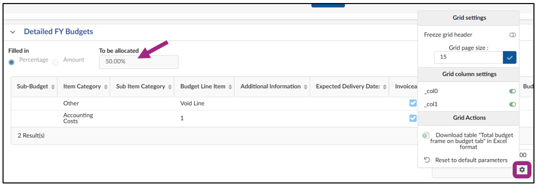 A Grid Settings pop-up menu is visible to the right of the Detailed FY Budgets table.