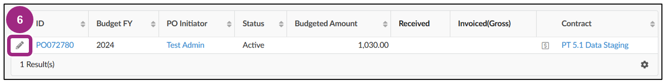 A purchase order is listed in the search results.