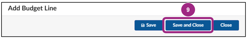 The Save and Close button at the top of the Add Budget Line window.