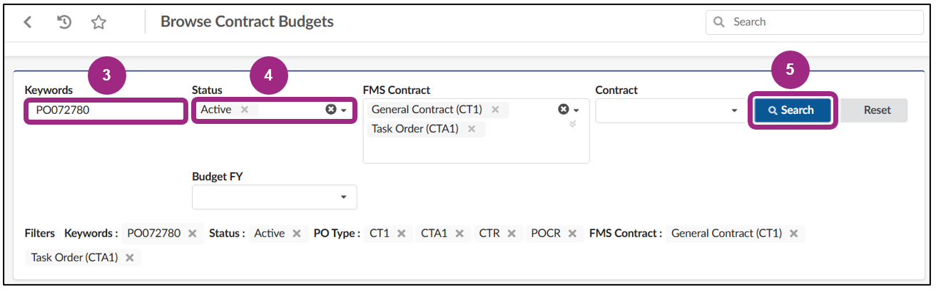 Several search filters are visible at the top of the Browse Contract Budgets page.