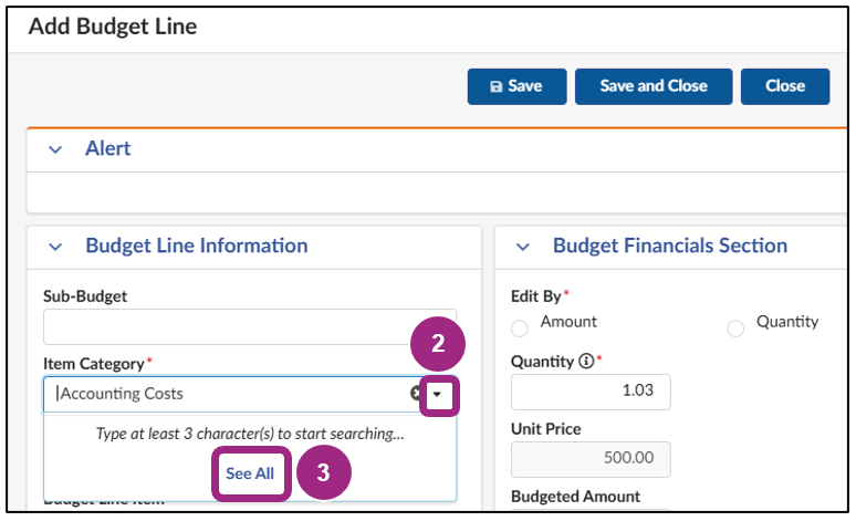 The Budget Line Information section of the Add Budget Line window.