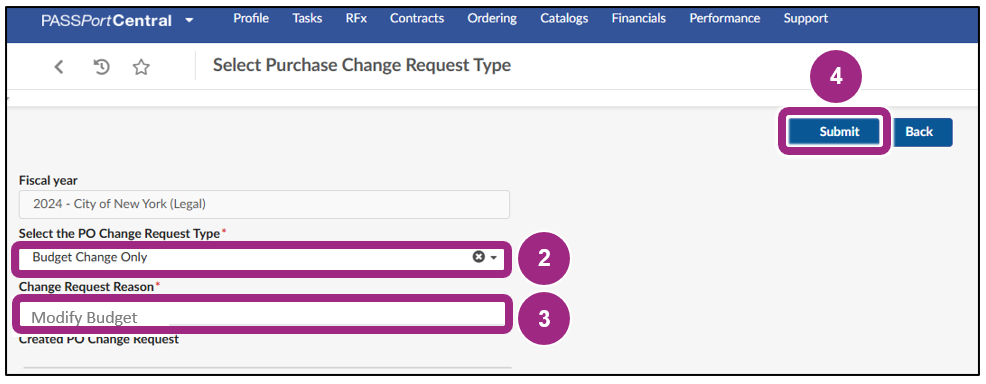 The Select Purchase Change Request Type window.