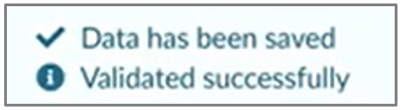 A message reads: 'Data has been saved. Validated successfully'.
