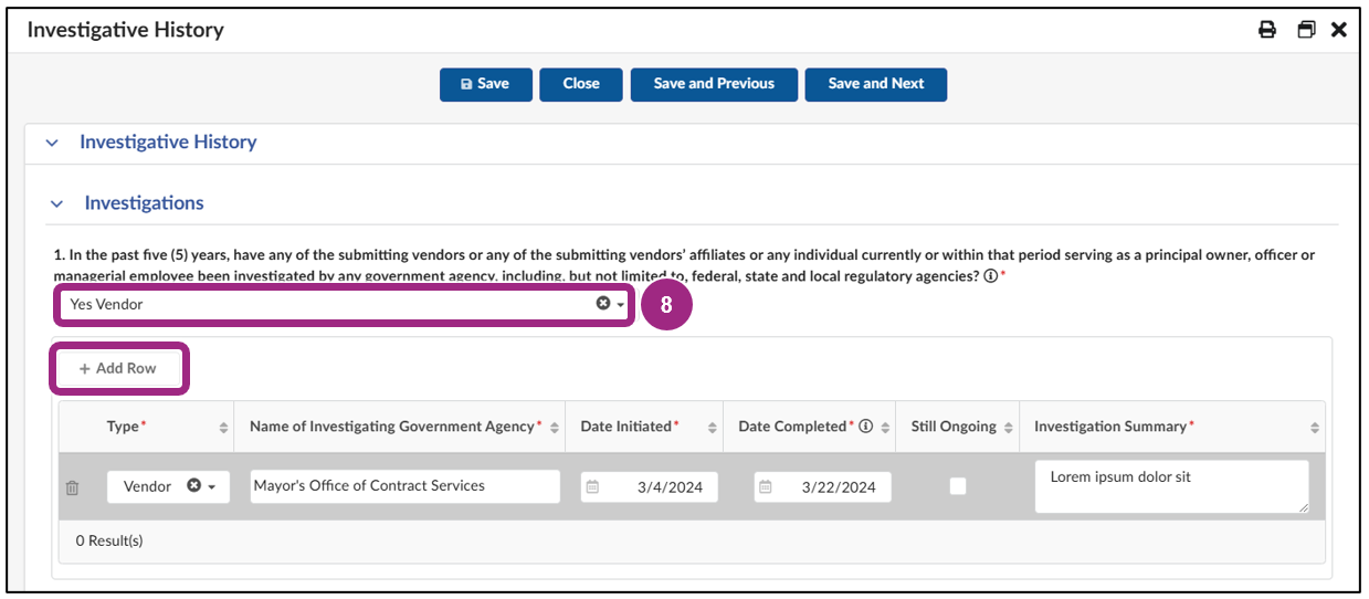 The Investigative History section of the Vendor Questionnaire.