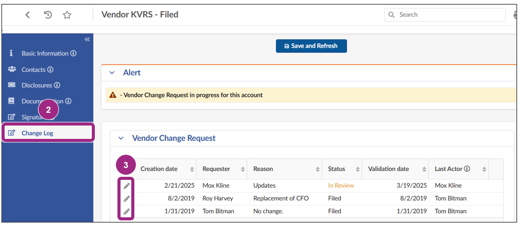 The Change Log table in the Vendor Profile shows a Change Request in 'In Review' status.
