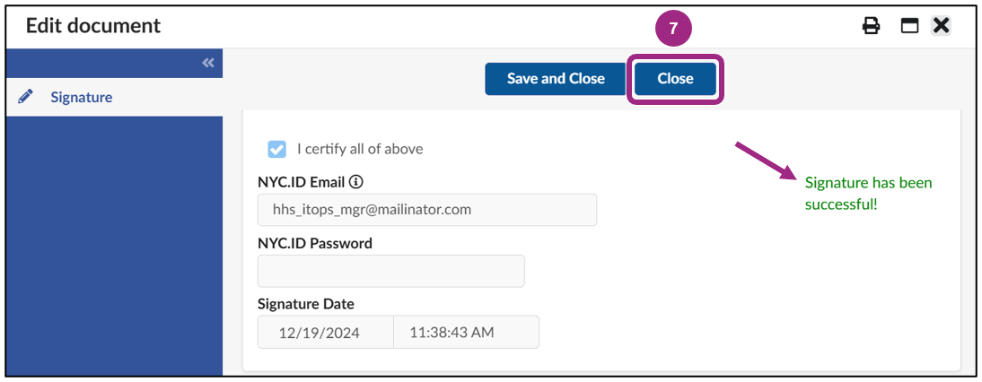 A Signature has been successful message is visible on the screen.