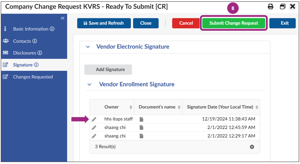 The Signature tab displays all in-process and completed signatures.