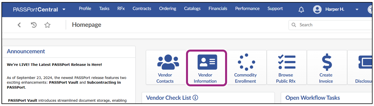 The Vendor Information widget on the PASSPort homepage.