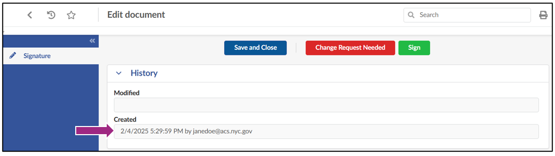 The History section of the Edit document window.