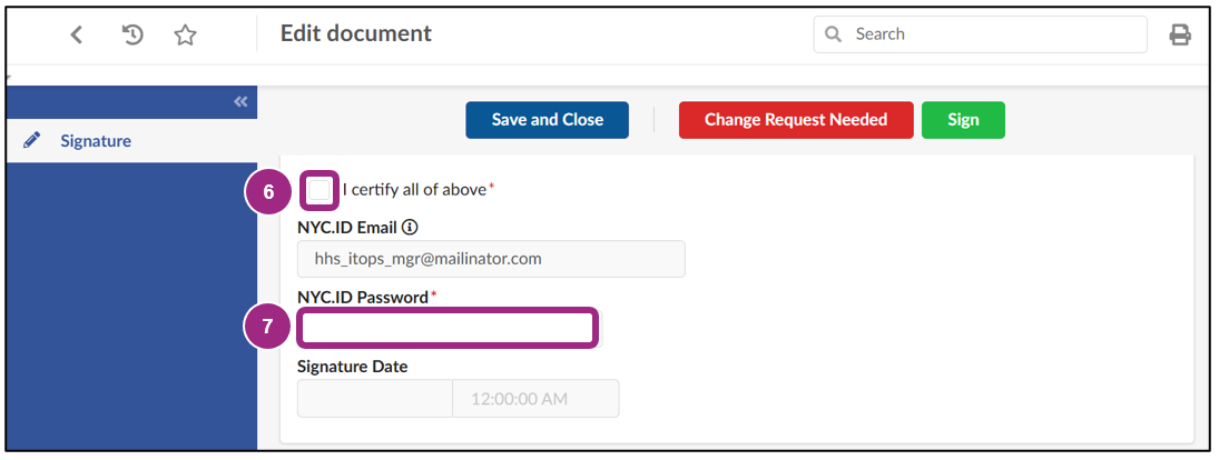 The NYC.ID Email and NYC.ID Password fields within the Edit Document window.