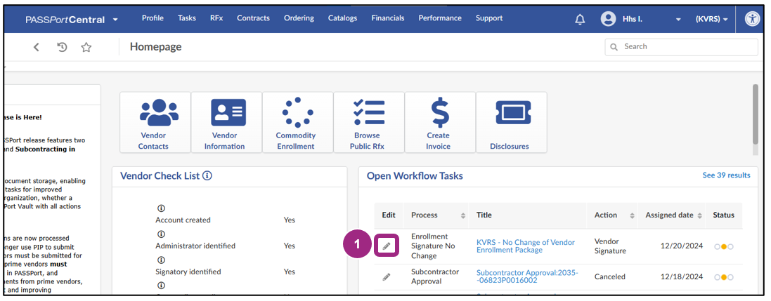 The Open Workflow Tasks section of the PASSPort home page.