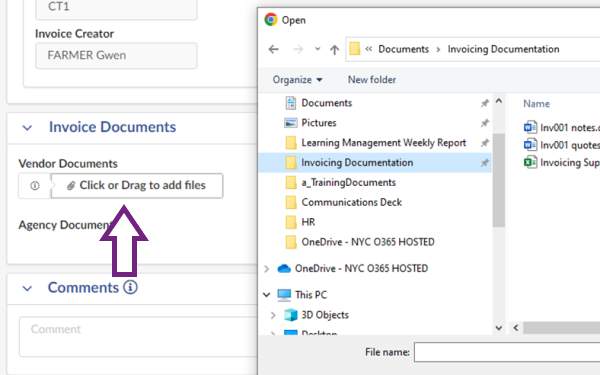 The Invoice Documents section with the Click or Drag to add files button pointed out to show what to click to upload documents.