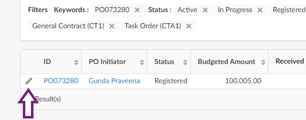 A search result showing a purchase order and the pencil icon on the left of the purchase order to interact with.