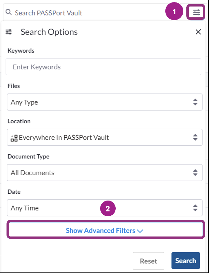 The Search Options pane. Show Advanced filters is visible at the bottom of the search options.