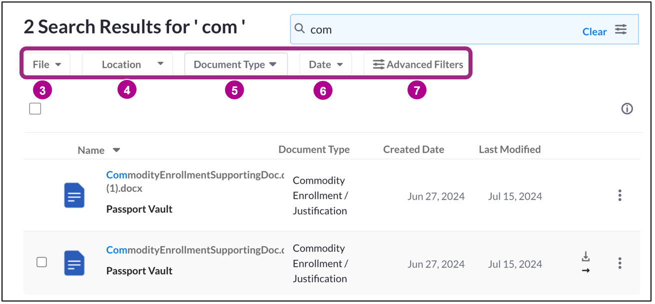 The Search Results screen. Additional filters are visible at the top of the page.